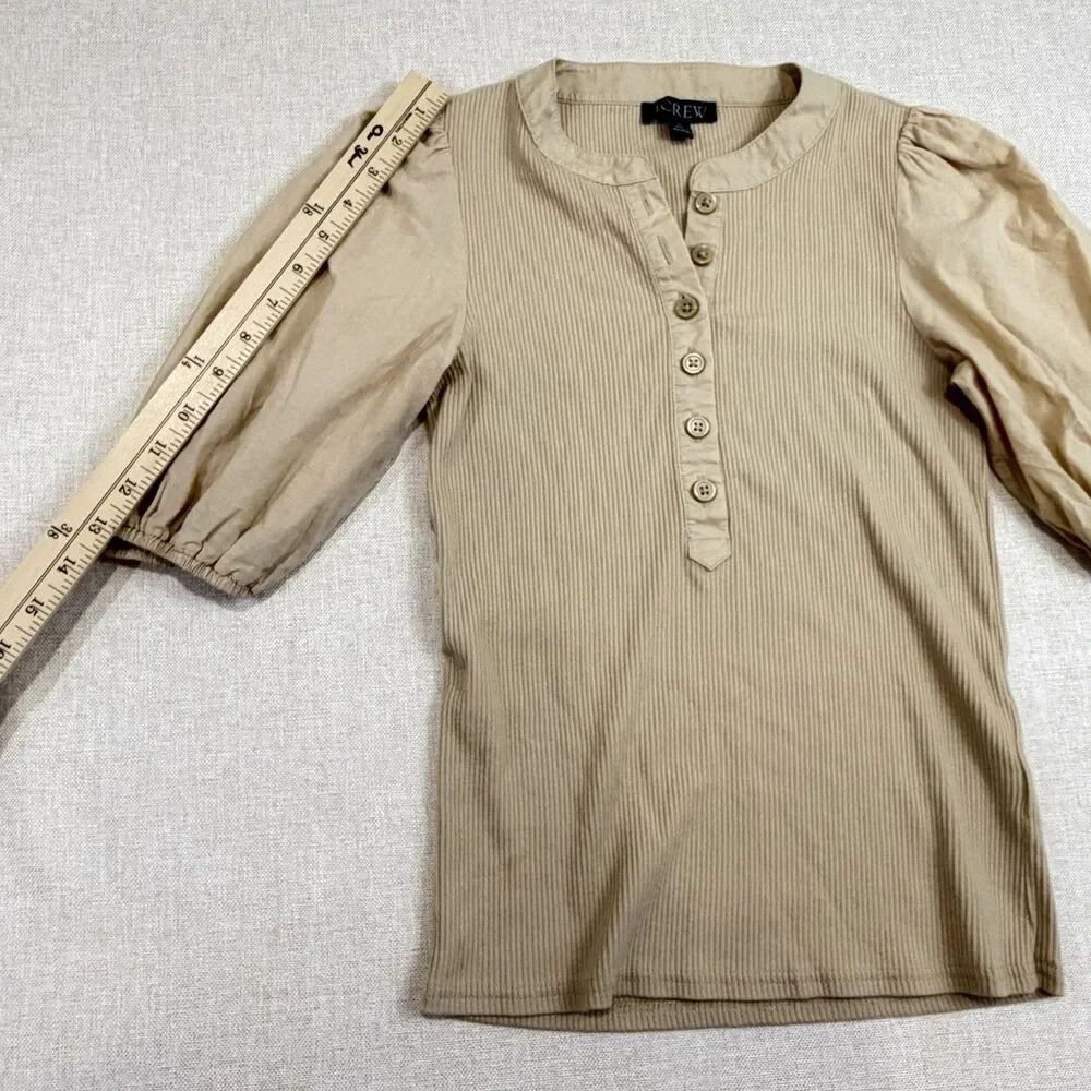J.Crew Vintage Rib Puff Sleeve Henley Top Womens XS Tan Beige BQ896
